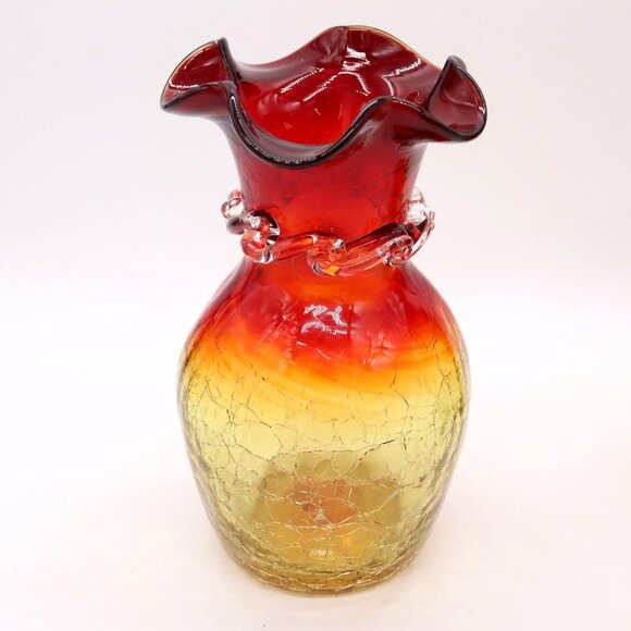 Pair of Blenko Amberina Hand Blown 6.5" Crackle Glass Vase Ruffled Top Vintage - Picture 2 of 7